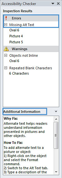 Image demonstrates additional information for inspection results in Accessibility Checker pane.